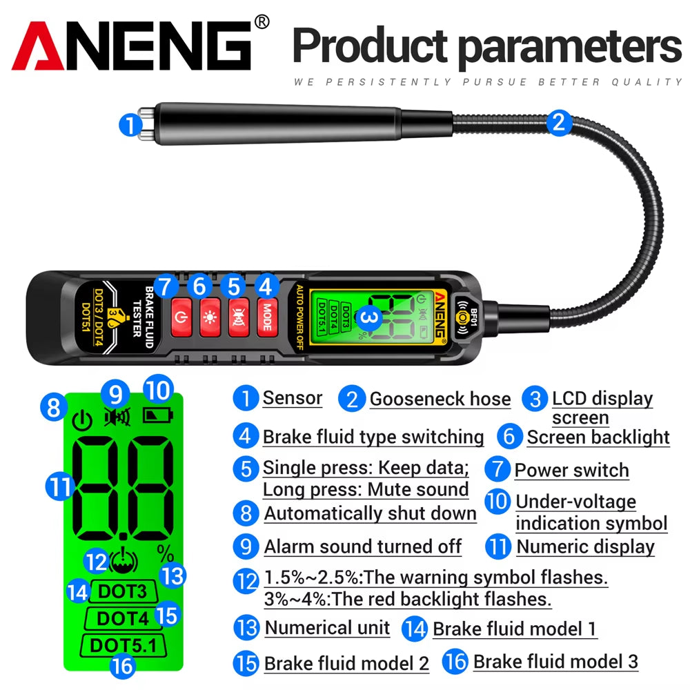 Brake Fluid Tester Handheld Oil Digital Display Screen Audible/Visual Alarm BF01+RT01 Digital Relay Detection Test Kit